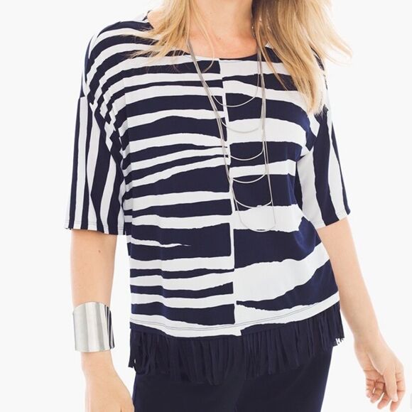 Chico’s Knit Kit Broken Stripe Fringe Top - Picture 1 of 6